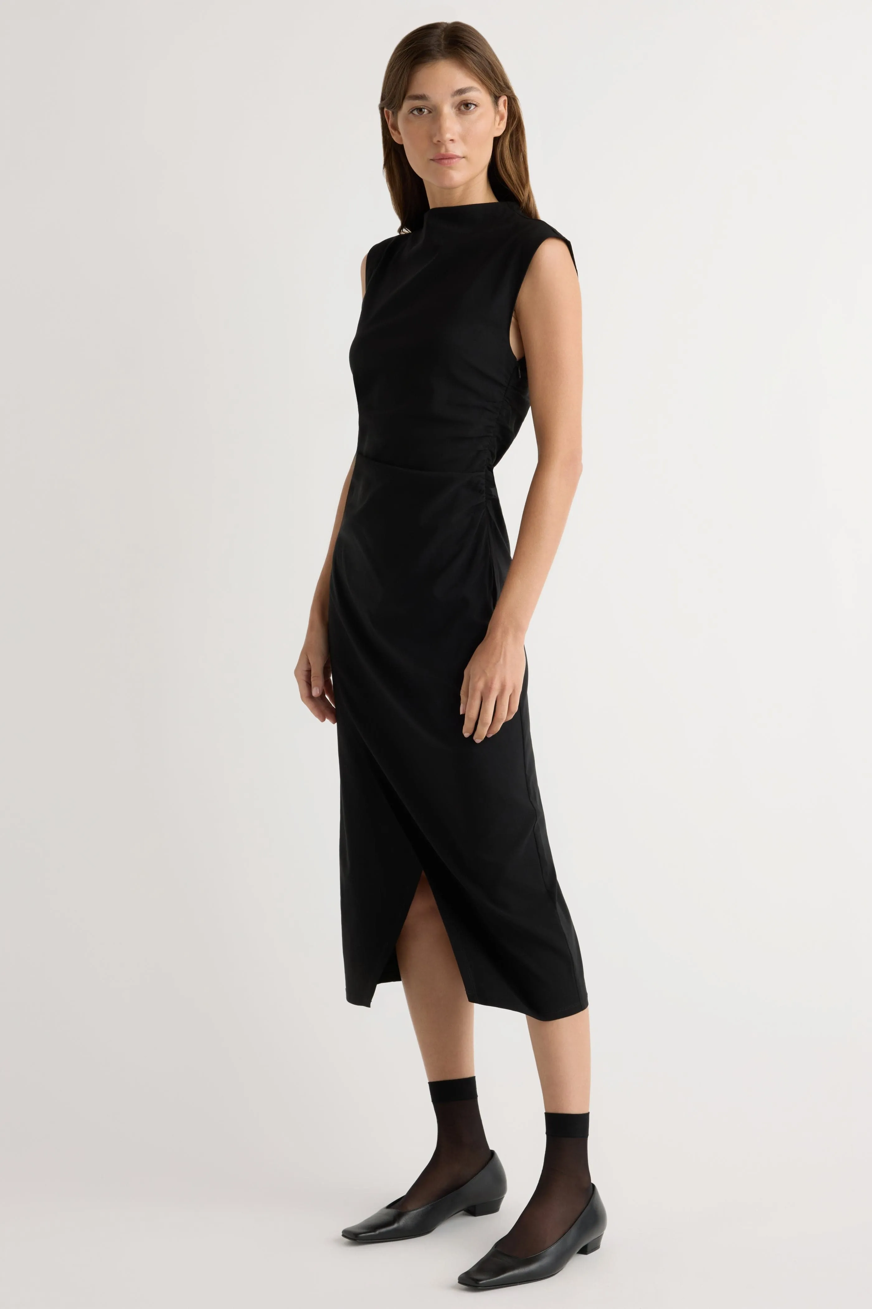 Manon Asymmetric-Neck Ruched Dress WaterRepellentFinish