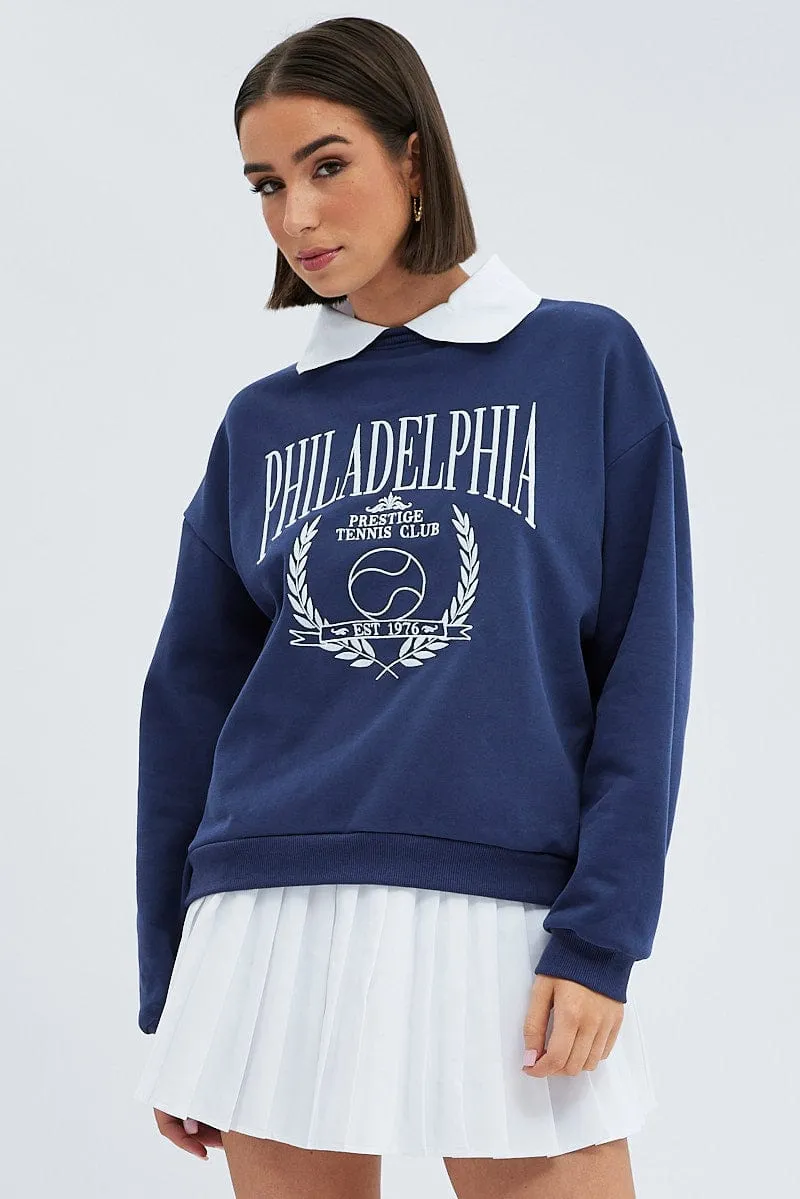 Blue Embroidered Sweater With Collar Varsity Sweat Premium Quality Cozy Wear