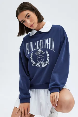 Blue Embroidered Sweater With Collar Varsity Sweat lace accents Cold Protection