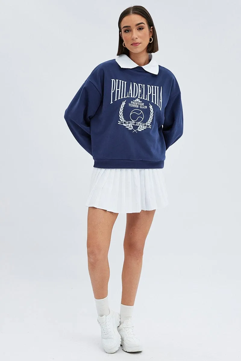 Blue Embroidered Sweater With Collar Varsity Sweat Versatile Top Timeless Layer