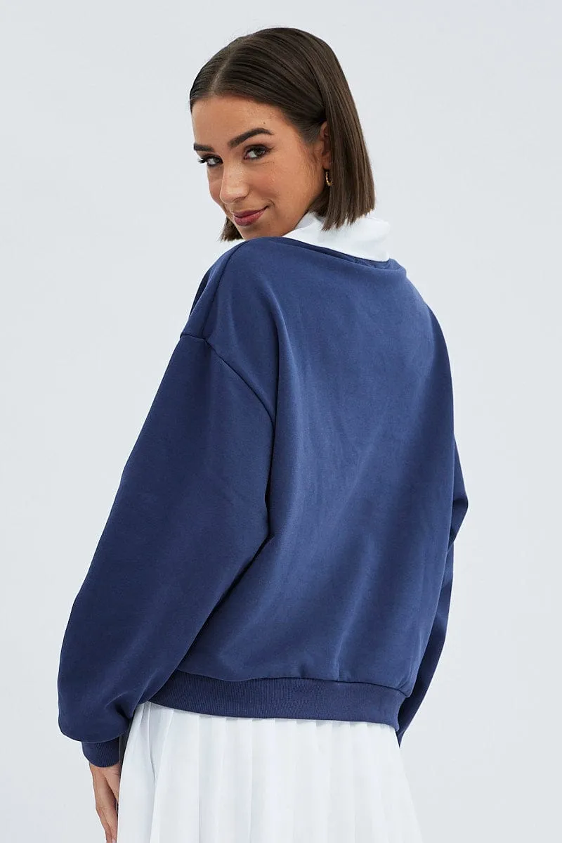 Practical Sporty Fashion Blue Embroidered Sweater With Collar Varsity Sweat