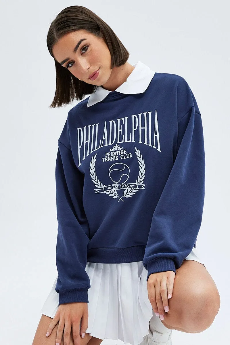 Blue Embroidered Sweater With Collar Varsity Sweat lace accents Cold Protection