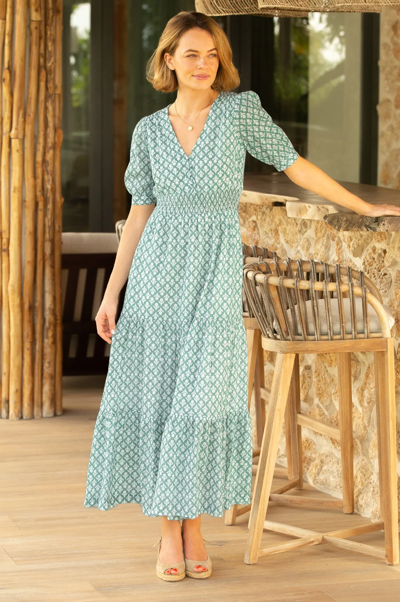 Billie Short Sleeve Organic Cotton Dress | Flower Stamp Sage/White Onyx Glow Fantasy Touch