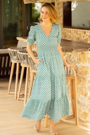 Tower View Spring Bloom Billie Short Sleeve Organic Cotton Dress | Flower Stamp Sage/White
