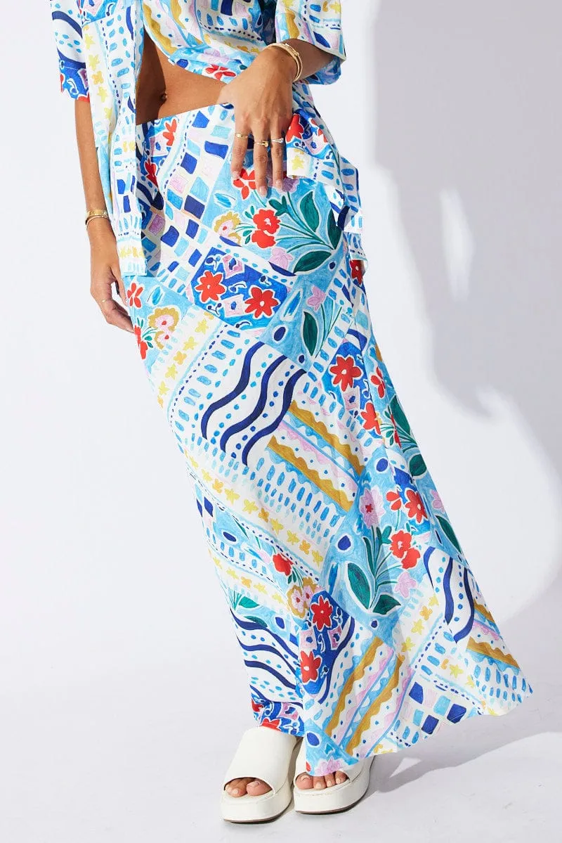 Flexible Waistband Neat Style Multi Abstract Maxi Bias Skirt
