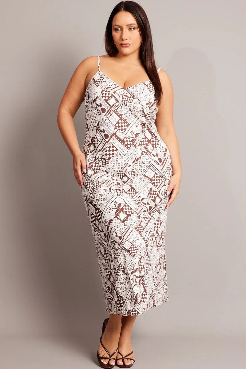 Modern Edge Brown Abstract Midi Dress Sleeveless Slip