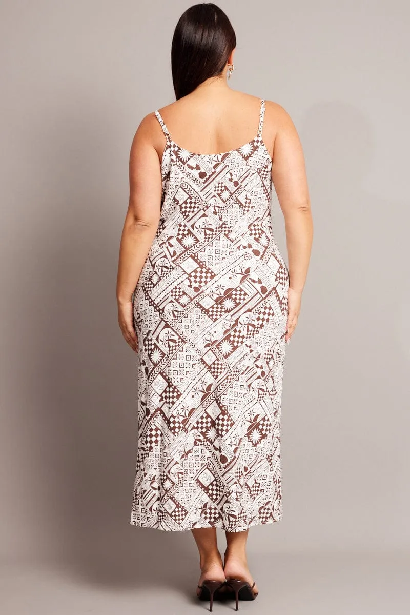 Brown Abstract Midi Dress Sleeveless Slip Ice Bloom