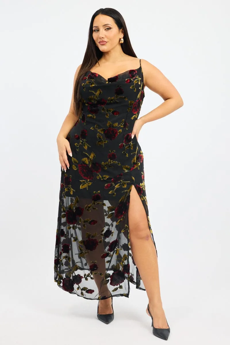 Red Floral Maxi Dress Sleeveless Cowl Neck The flattering silhouette of this dress enhances your figure without compromising comfort