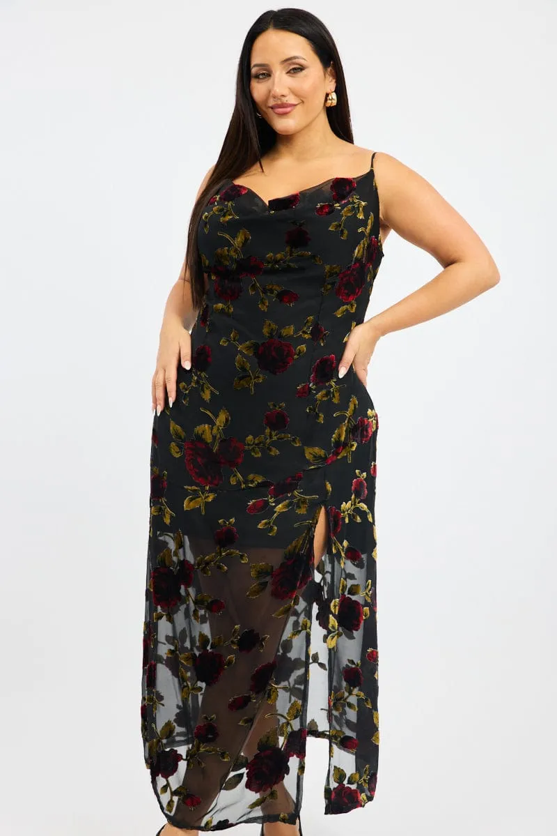Red Floral Maxi Dress Sleeveless Cowl Neck Copper Glow