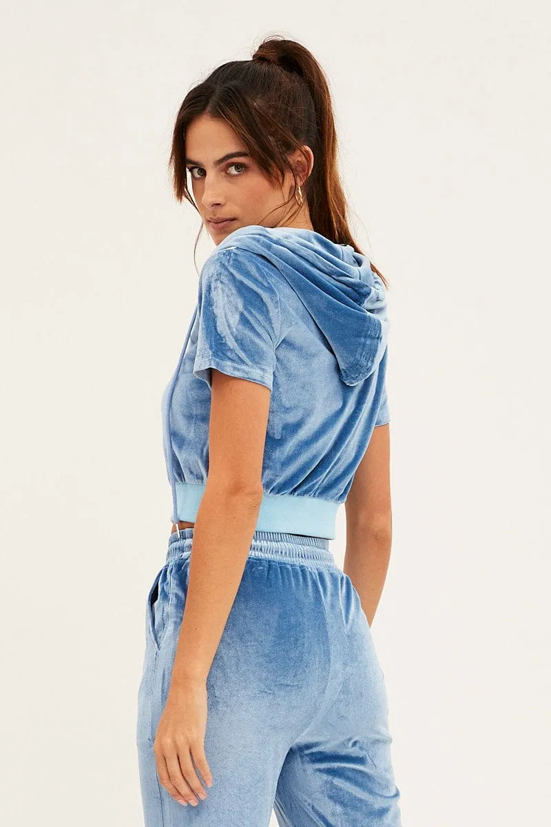 material trend Blue Velour Short Sleeve Zip Lounge Hoodie