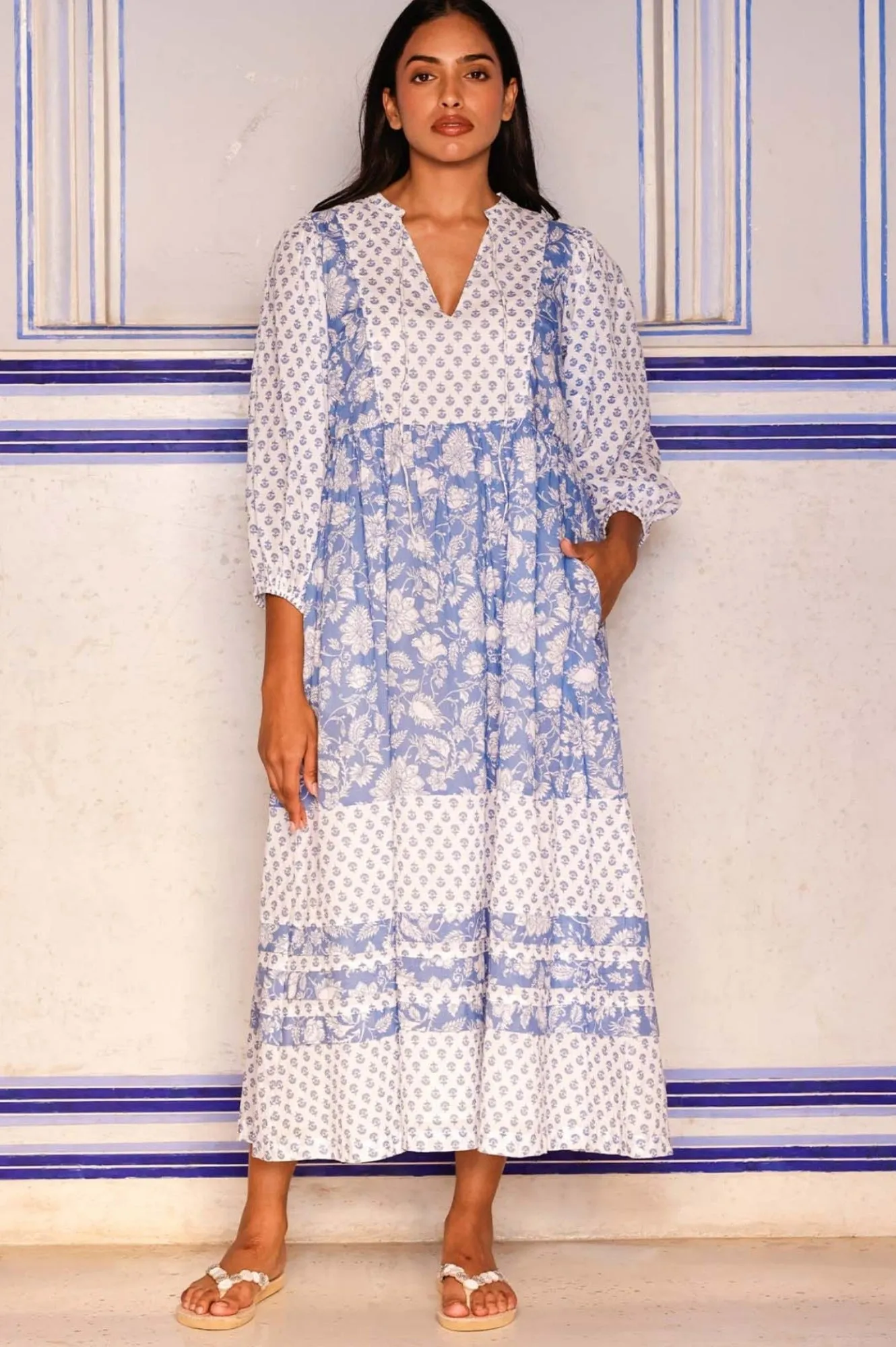 Martha Organic Cotton Print Mix Dress | Blossom Print Blue/White Retro Mode Relaxed fit formal wear