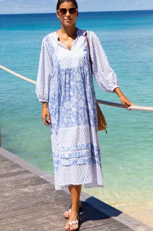 Martha Organic Cotton Print Mix Dress | Blossom Print Blue/White Elegant formal affair gown
