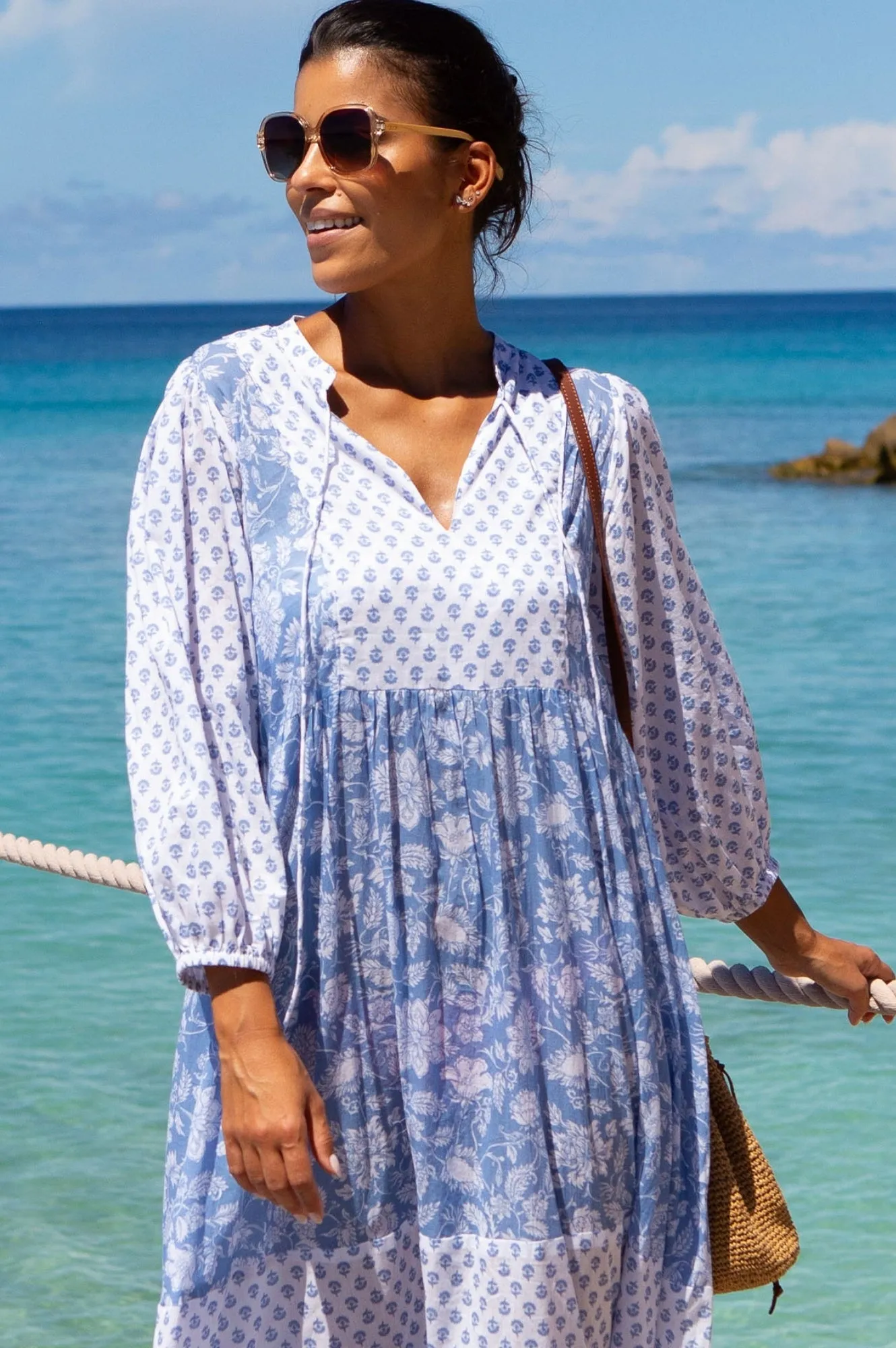 This dress is designed to keep you comfortable while maintaining a stylish and polished appearance Nickel Glow Martha Organic Cotton Print Mix Dress | Blossom Print Blue/White
