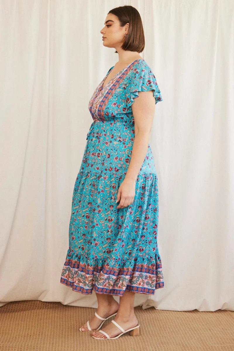 Blue Boho Maxi Dress Short Sleeve V-neck Tiered Sequin Glow