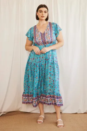 Blue Boho Maxi Dress Short Sleeve V-neck Tiered Ocean Arch