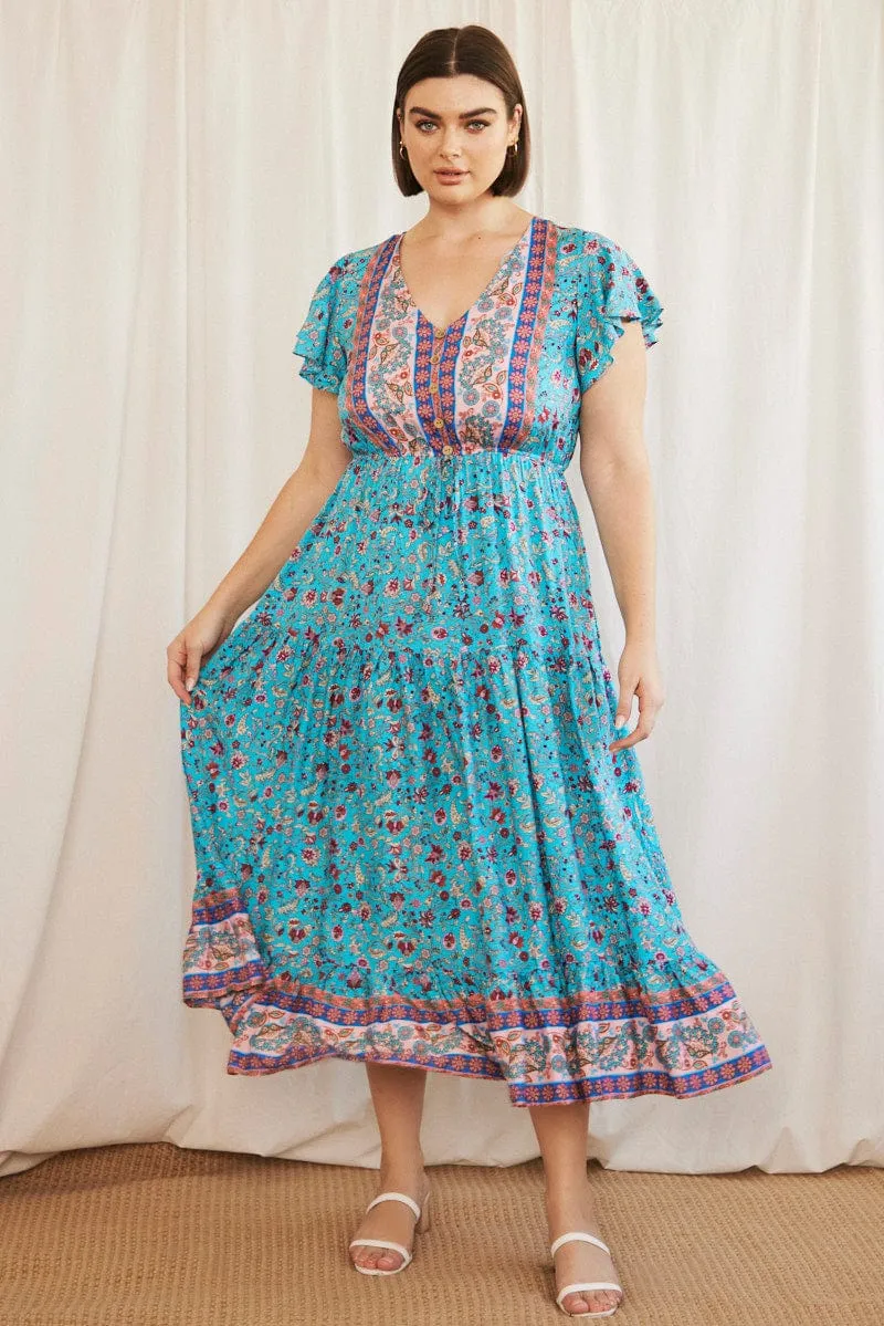 This dress provides the ideal balance of style and comfort making it a wardrobe essential Olive Grove Blue Boho Maxi Dress Short Sleeve V-neck Tiered