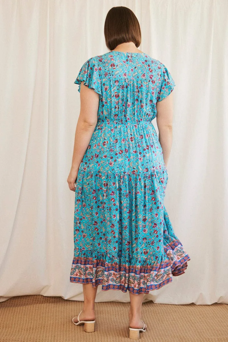 Playful floral print gown Blue Boho Maxi Dress Short Sleeve V-neck Tiered