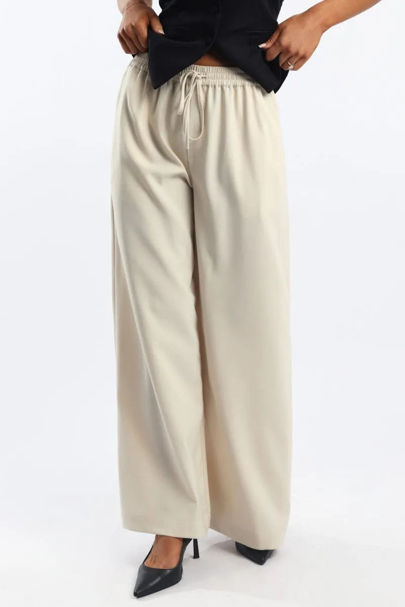 Trendy Wear Beige Wide Leg Pants Elasticated Waist