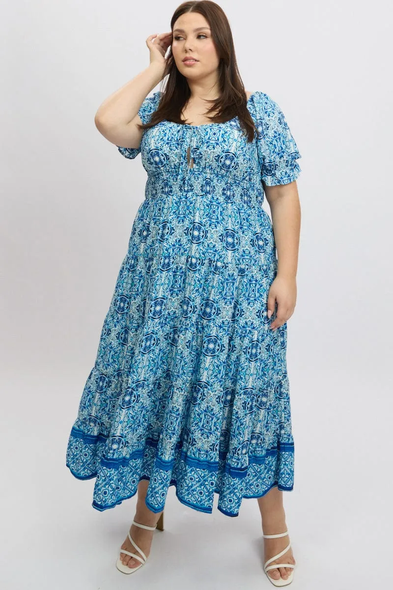 Blue Boho Maxi Dress Short Sleeve Mesh Touch Dot Play