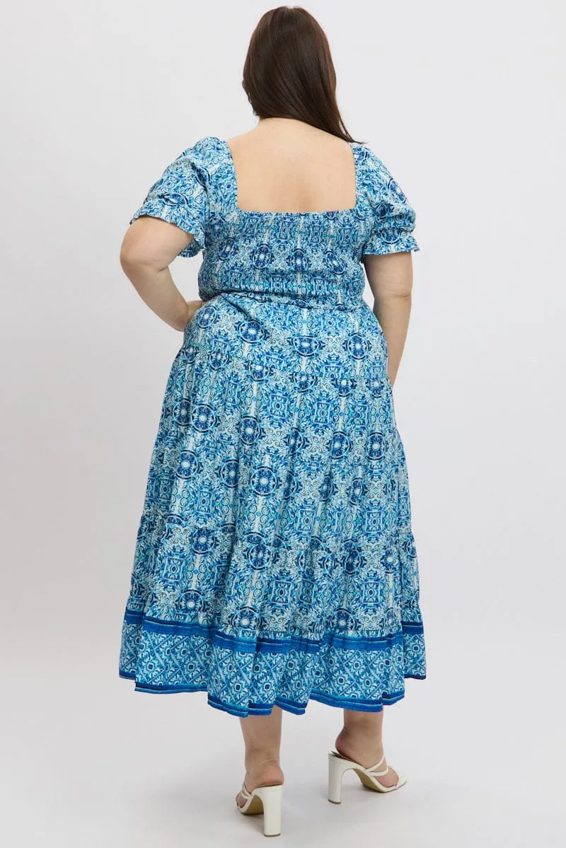 Petal Path Ethereal Air Blue Boho Maxi Dress Short Sleeve