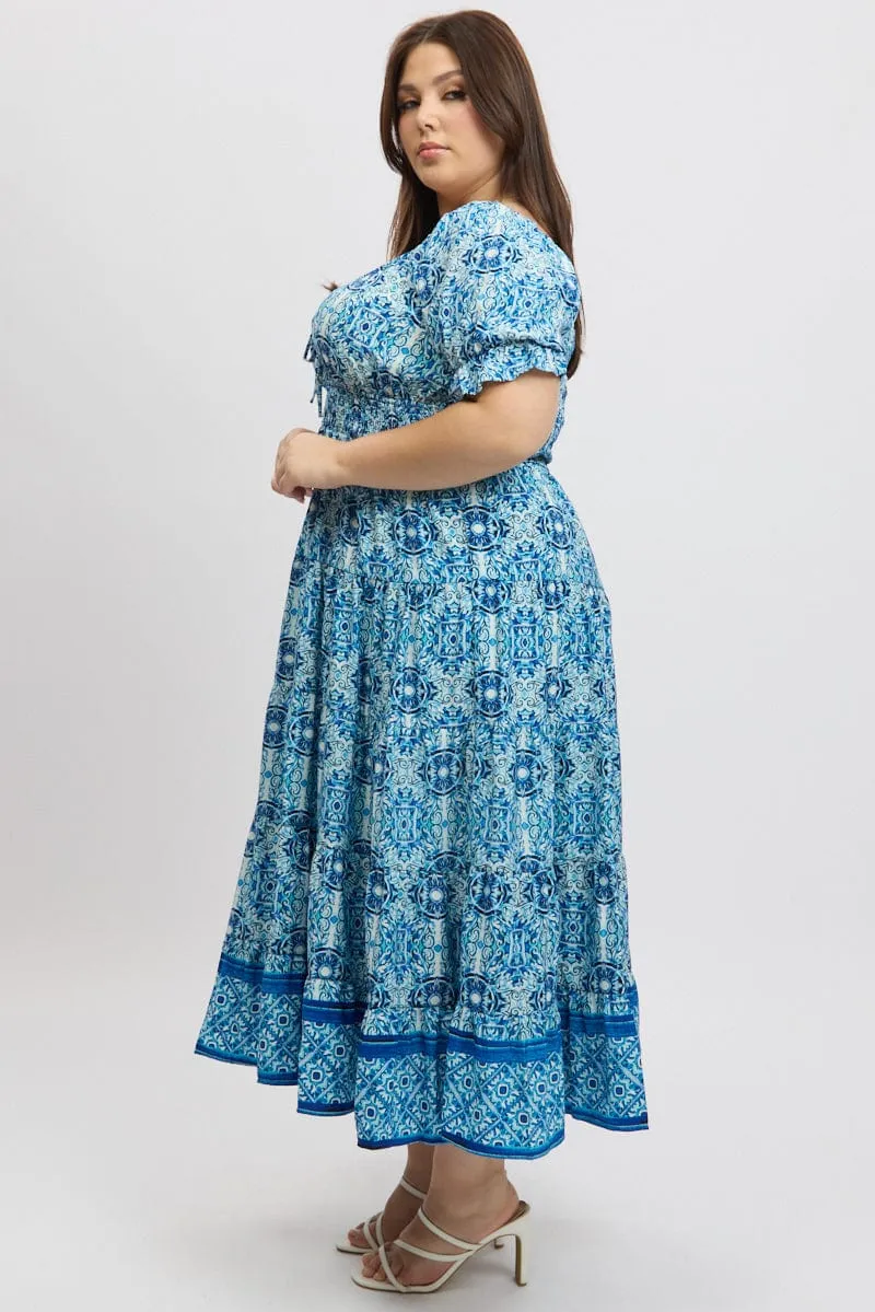 The classic design of this maxi dress makes it an essential piece for any fashion-forward wardrobe Blue Boho Maxi Dress Short Sleeve