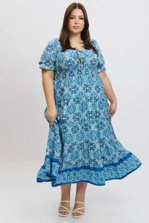 Island Trail The relaxed fit of this maxi dress offers a casual yet elegant appearance for any occasion Blue Boho Maxi Dress Short Sleeve