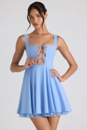 Boho Chic Look UPF Sun Protection Tie-Detail A-Line Micro Mini Dress in Sky Blue