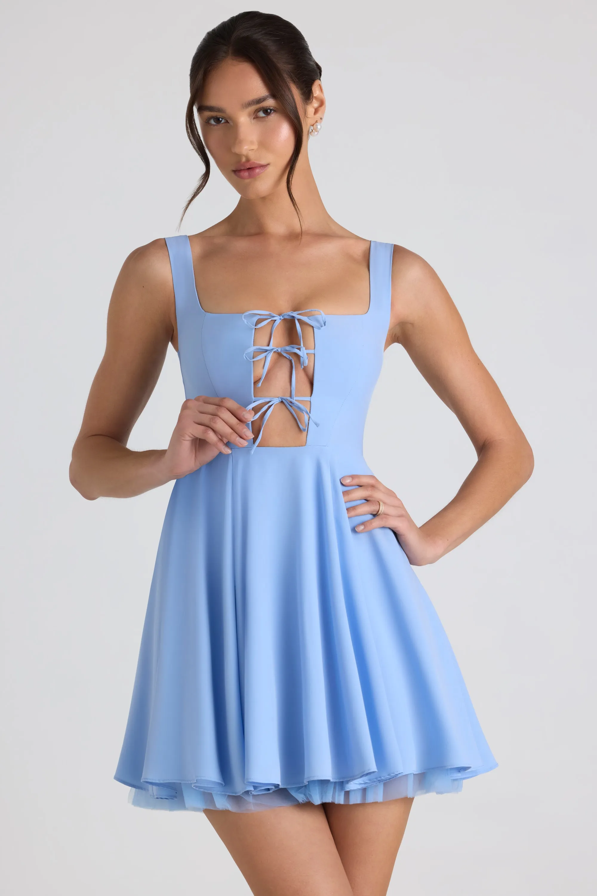 Boho Chic Look UPF Sun Protection Tie-Detail A-Line Micro Mini Dress in Sky Blue