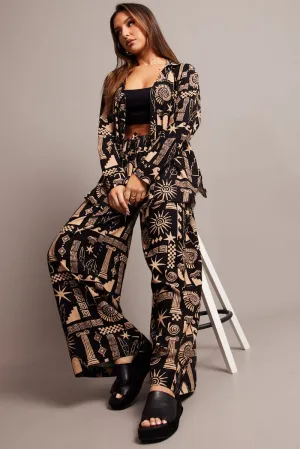 Black Abstract Wide Leg Pants High Rise Non Iron Technology Quick Dry Fabric