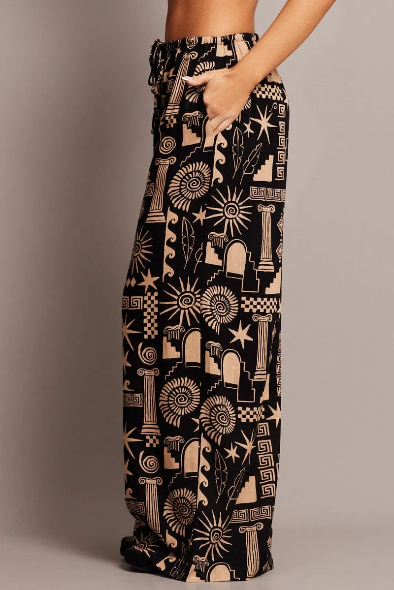 Black Abstract Wide Leg Pants High Rise snag resistant