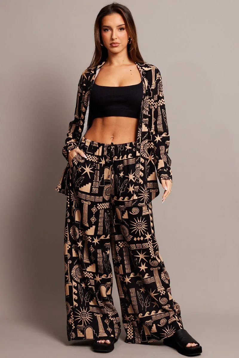 Active Design Wear Black Abstract Wide Leg Pants High Rise