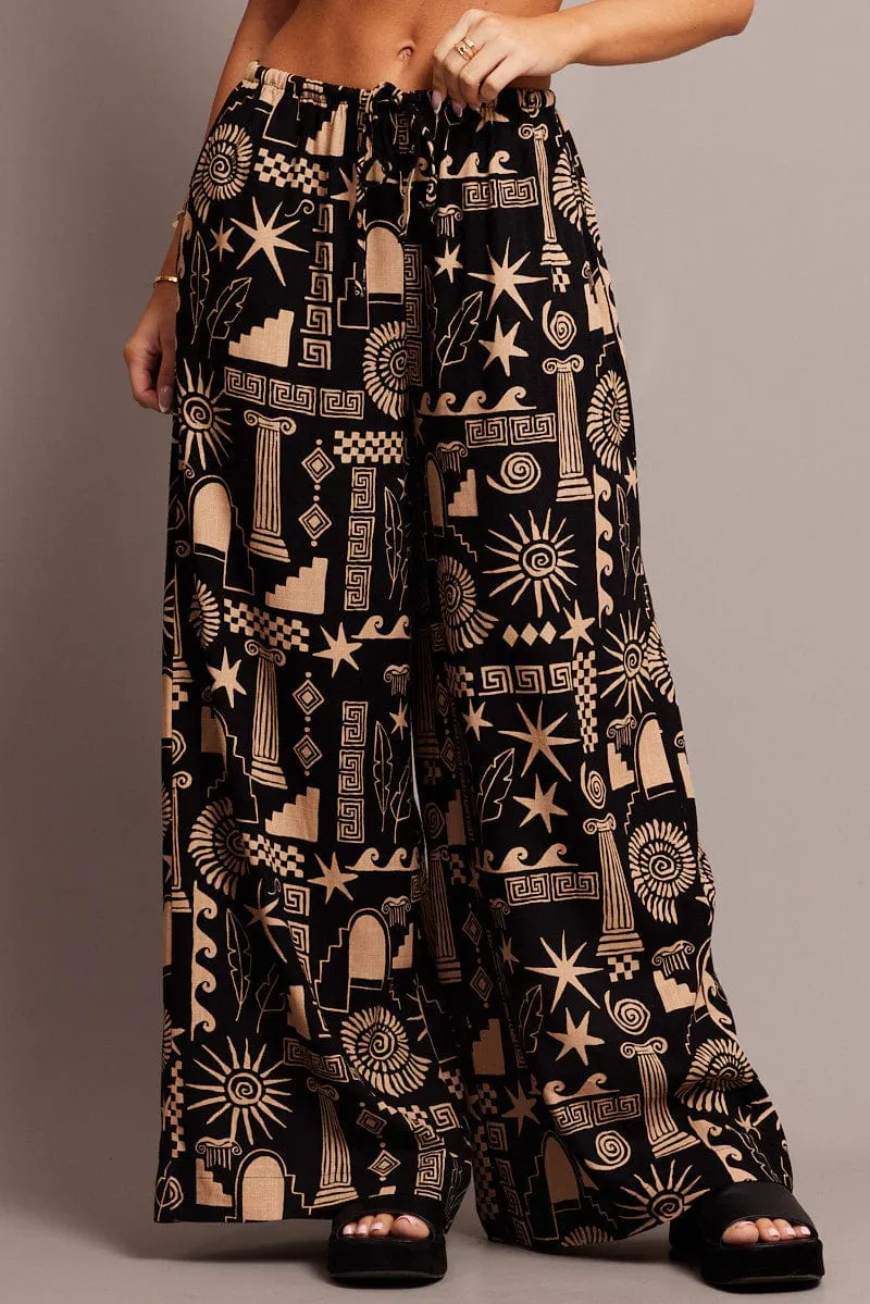 Functional fashion wear Black Abstract Wide Leg Pants High Rise