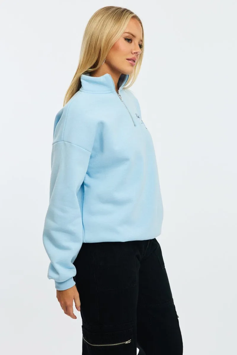 Blue Zip Neck Sweater Oversized Relaxed Fashion