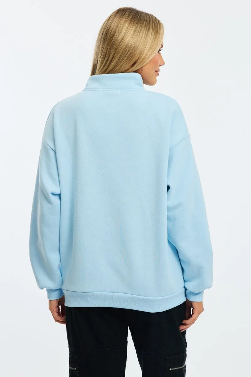 Blue Zip Neck Sweater Oversized Casual Vibe