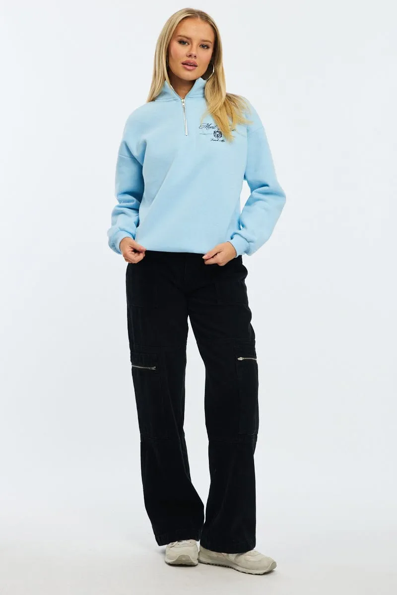 Blue Zip Neck Sweater Oversized Active Fit