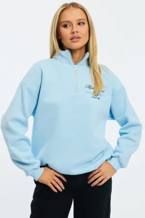 Blue Zip Neck Sweater Oversized Modern Style Outdoor Sporty