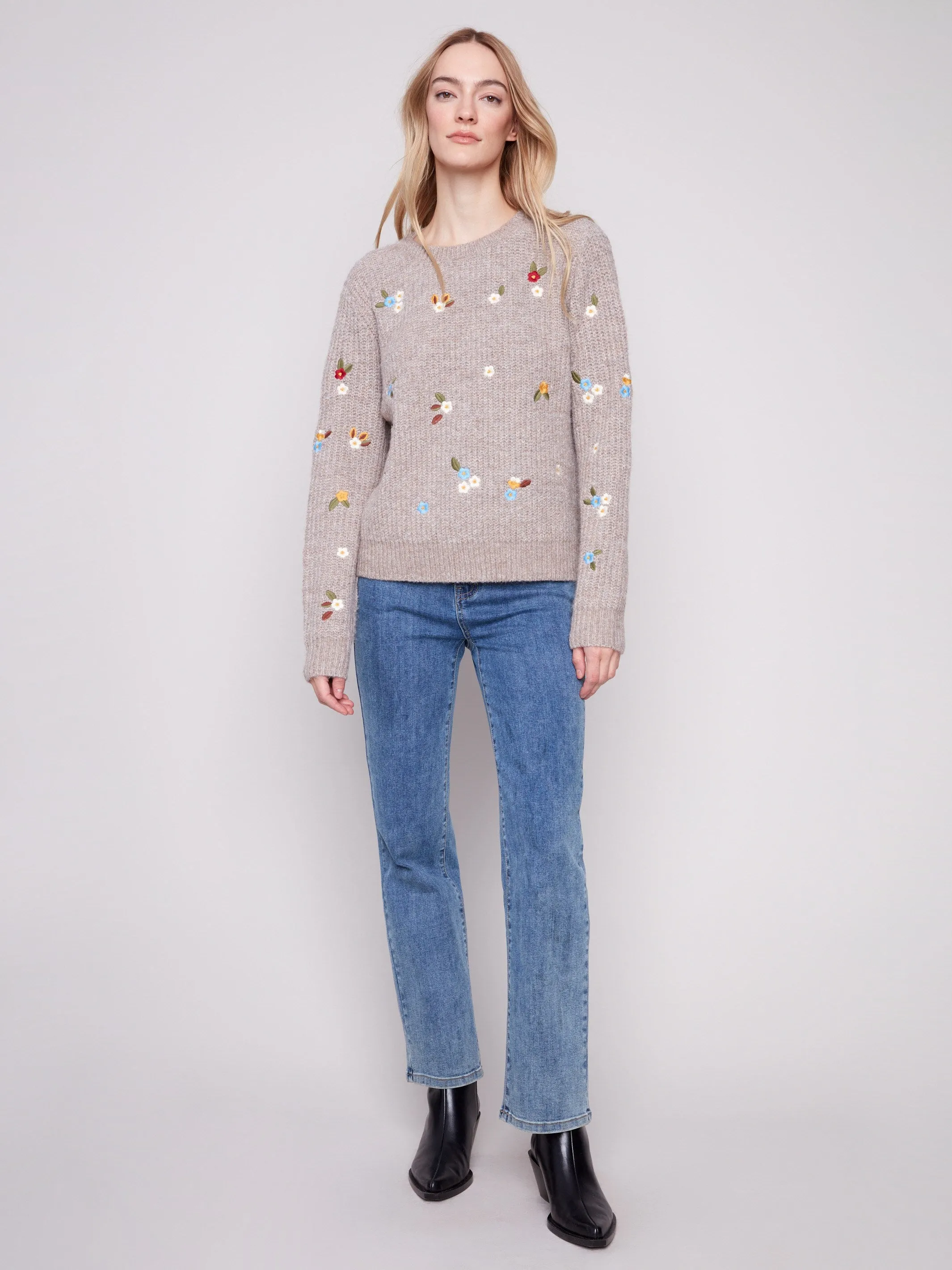 Crew Neck Sweater With Floral Embroidery - Heather Light Brown Modern Comfort