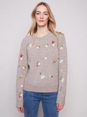Machine washable Crew Neck Sweater With Floral Embroidery - Heather Light Brown
