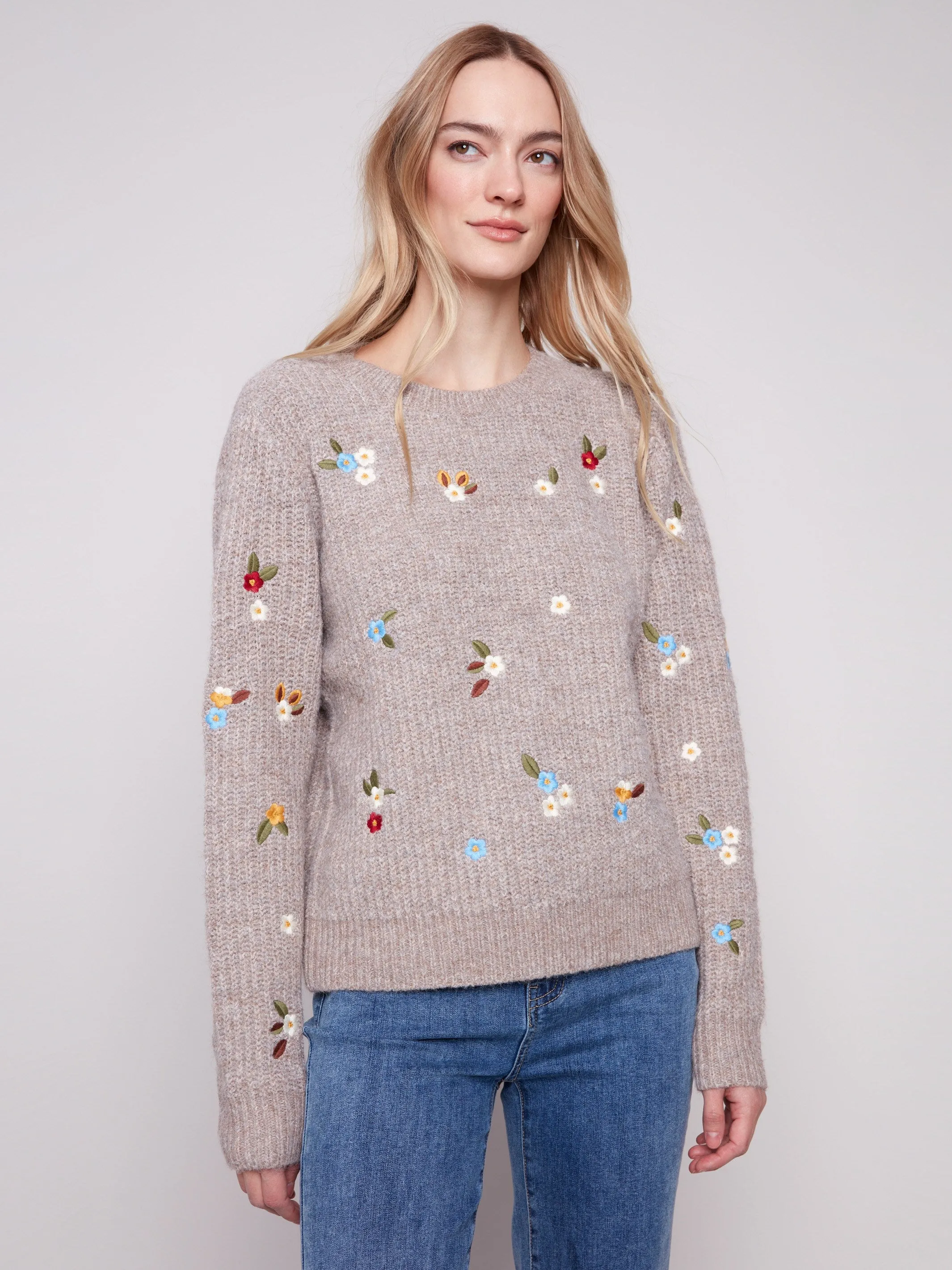 Crew Neck Sweater With Floral Embroidery - Heather Light Brown Warm Comfort
