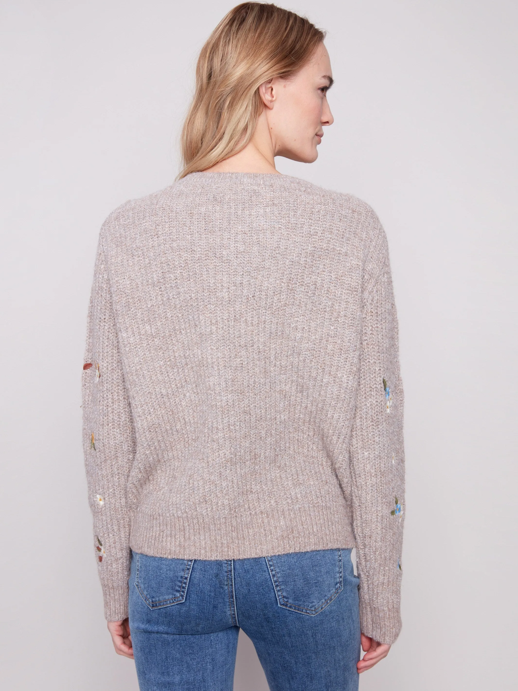 Crew Neck Sweater With Floral Embroidery - Heather Light Brown Fashionable Knit Cold-weather knit