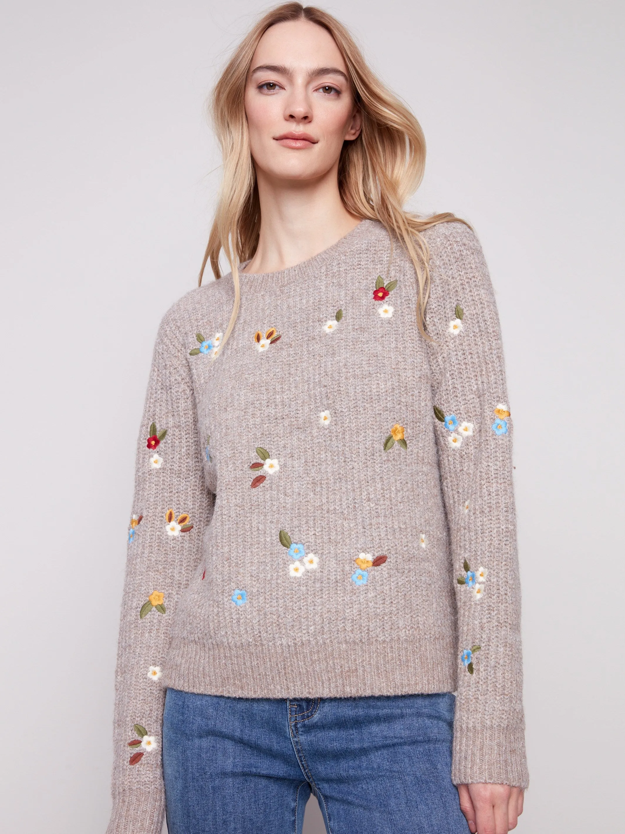 Seasonal Layering Simple Comfort Crew Neck Sweater With Floral Embroidery - Heather Light Brown