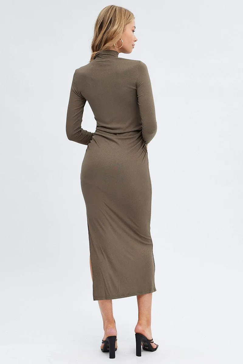 Elegant fit-and-flare dress Body Loving Green Midi Dress Long Sleeve High Neck Rib Jersey