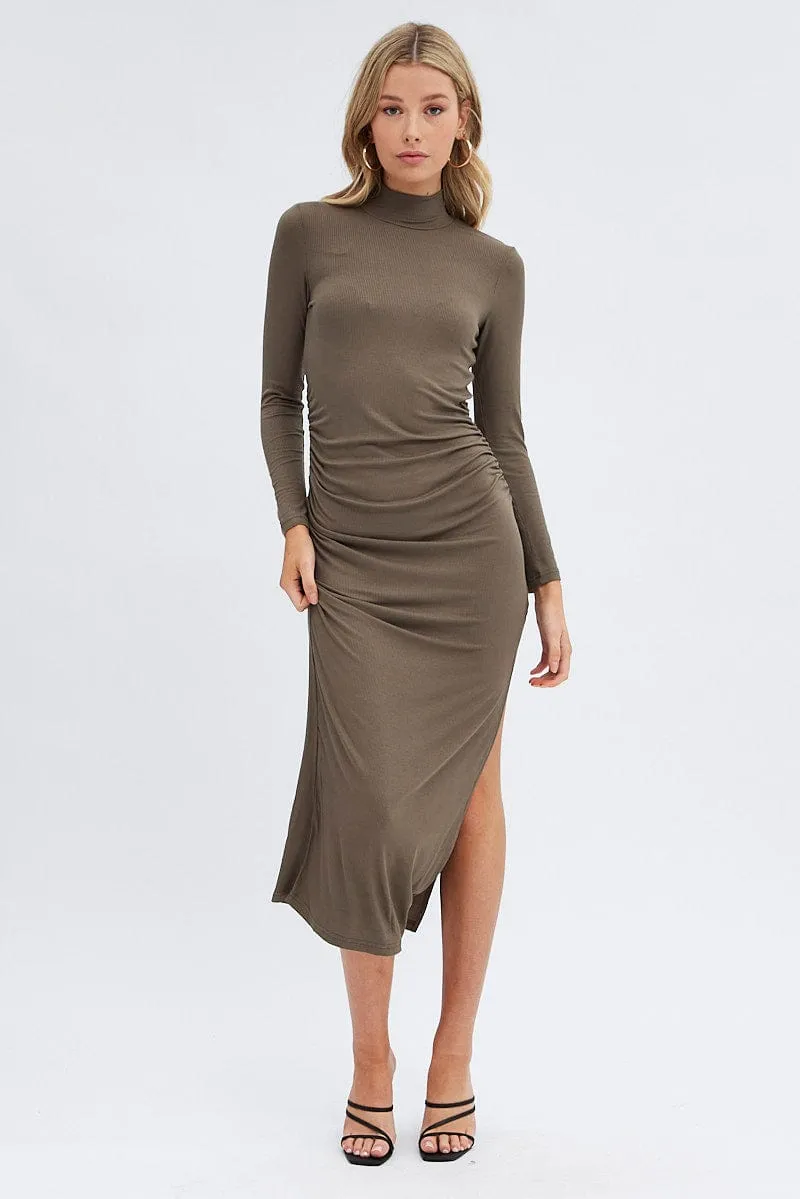 Green Midi Dress Long Sleeve High Neck Rib Jersey Sand Step European Charm