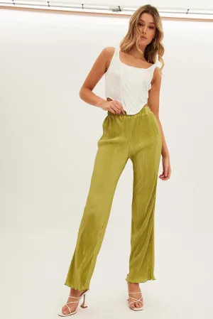 Low Bulk Material Flexible Seam Green Plisse Pant Wide Leg Elastic Waist Lettuce Edge