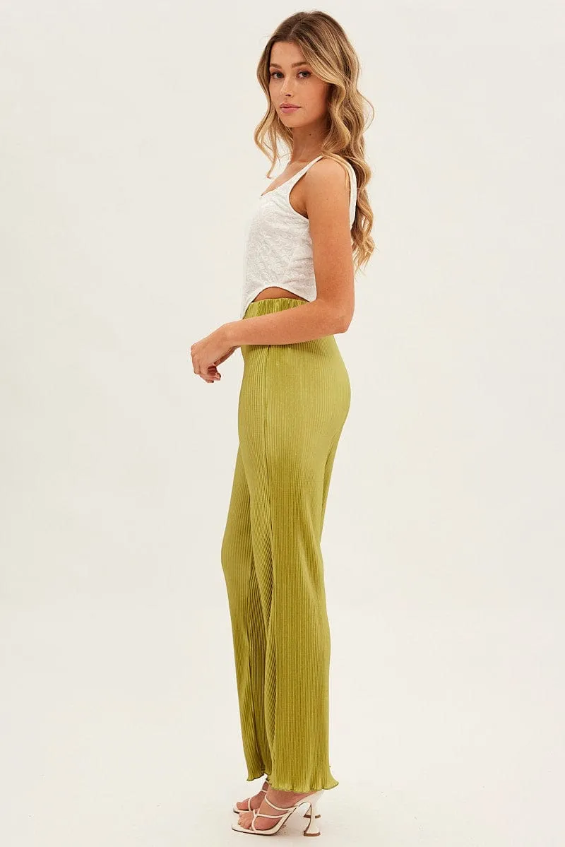 Padded hips Fashionable Look Green Plisse Pant Wide Leg Elastic Waist Lettuce Edge
