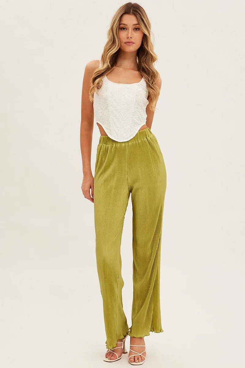 Breath Friendly Green Plisse Pant Wide Leg Elastic Waist Lettuce Edge