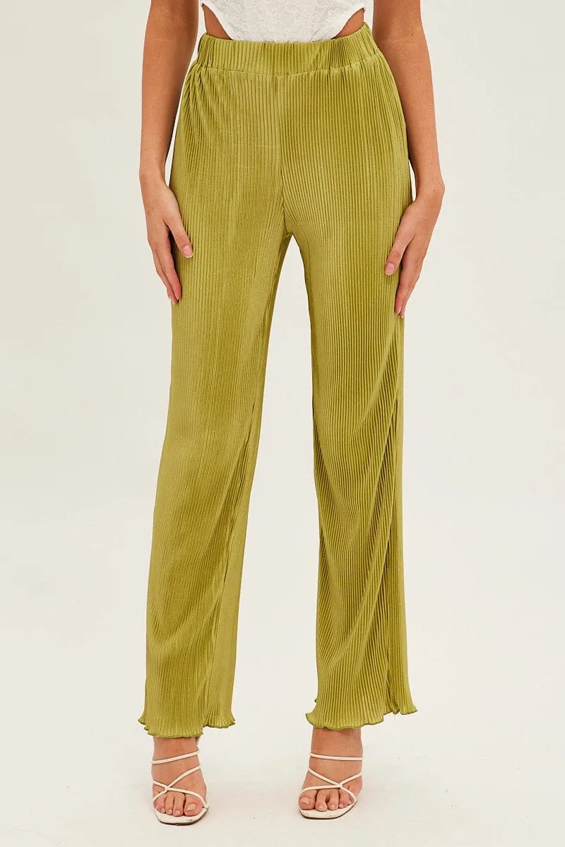 Green Plisse Pant Wide Leg Elastic Waist Lettuce Edge Functional Ease