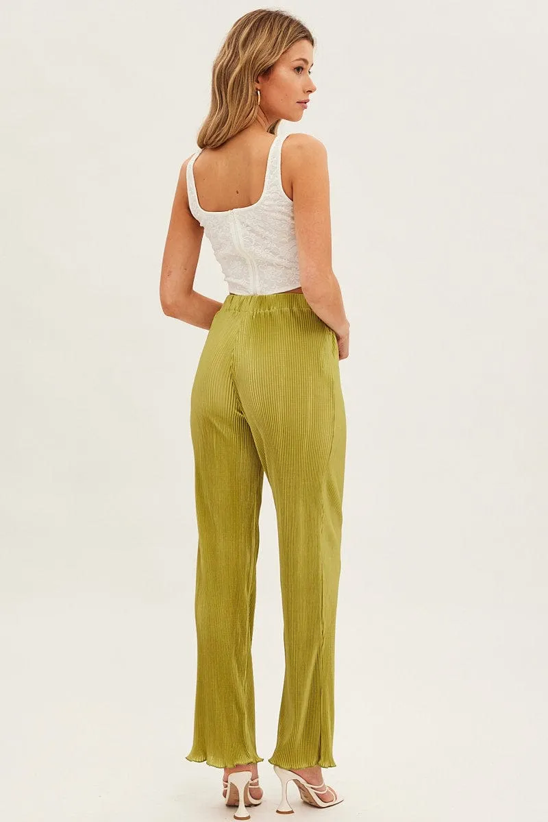 Green Plisse Pant Wide Leg Elastic Waist Lettuce Edge Stylish Fit