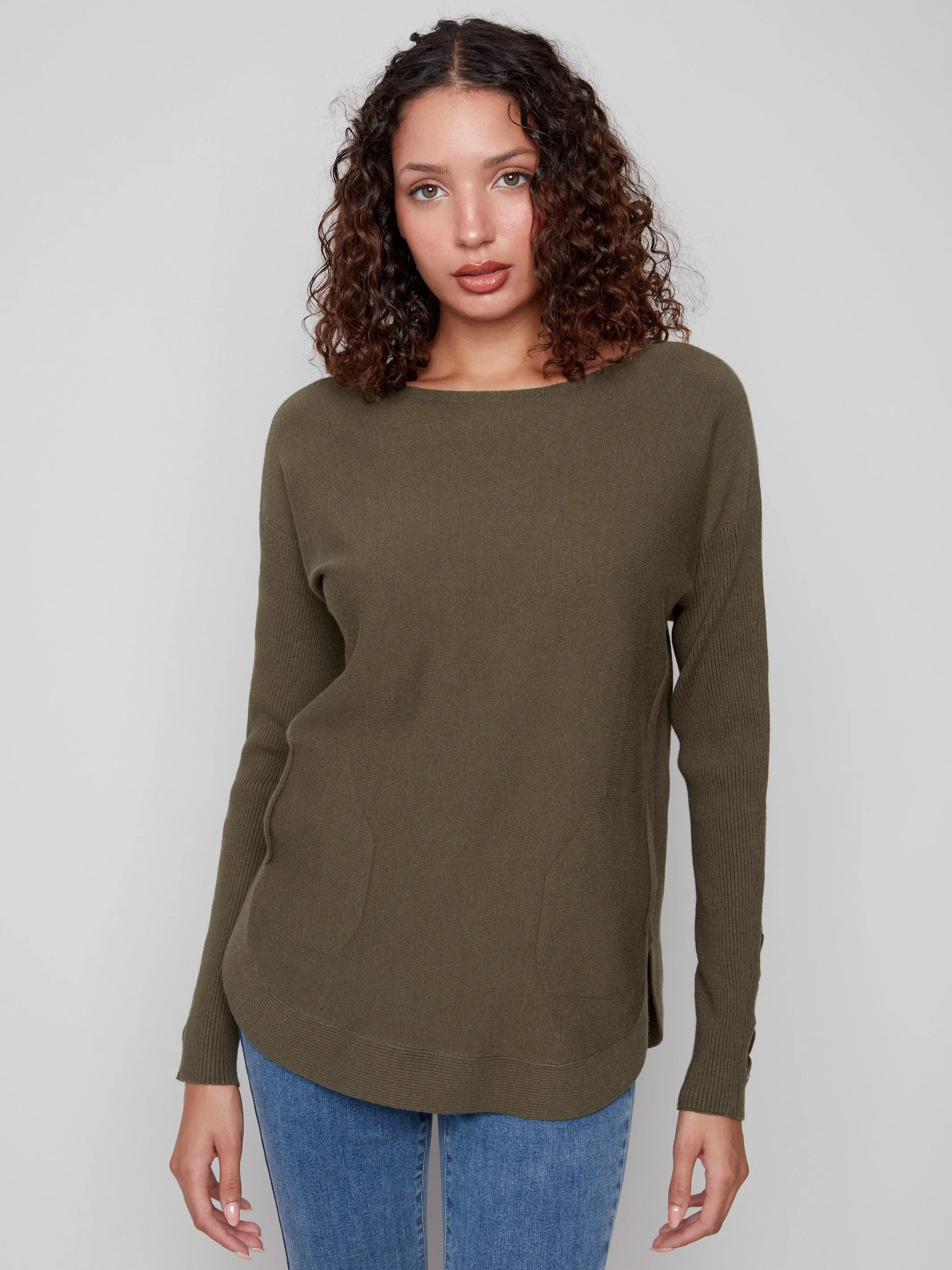 Cold Weather Comfort Comfortable Wear Knit Sweater With Lace-Up Cuffs - Spruce