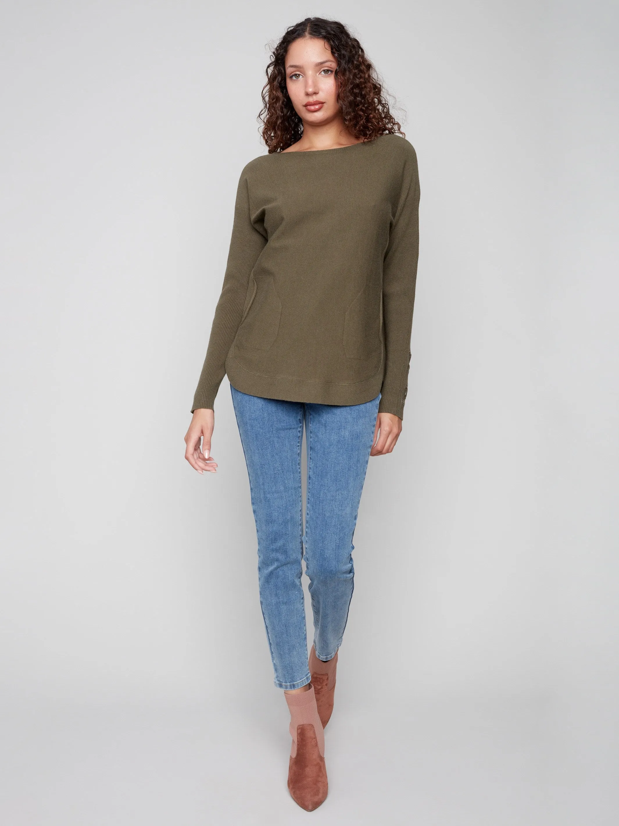 Abrasion Resistant Seams Fashion Layers Knit Sweater With Lace-Up Cuffs - Spruce